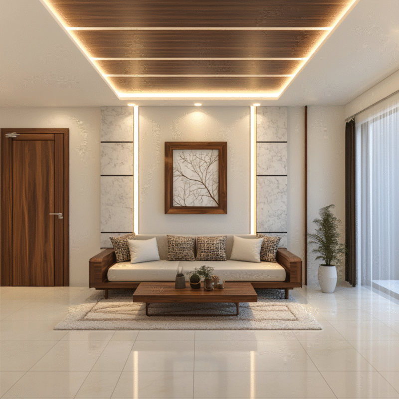 Modern Rectangular False Ceiling Design With Spotlights and Painted Finish