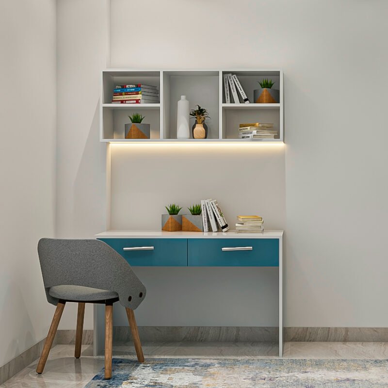 Contemporary Blue And White Study Room Design In High-Gloss Finish