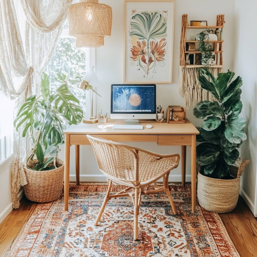 Scandinavian Home Office Design With Oak Desk And Rattan Chair