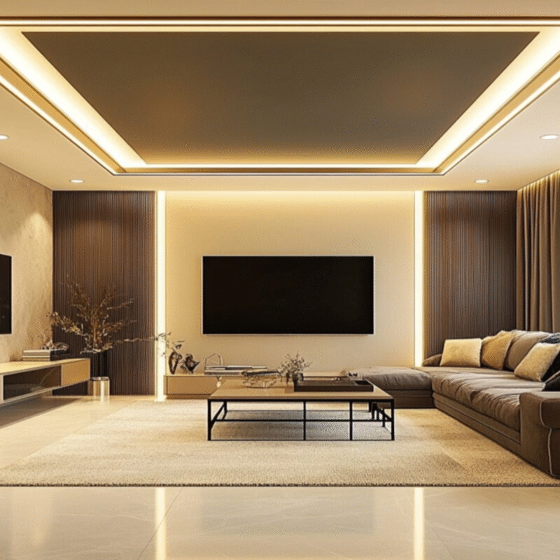 Rectangular Peripheral Modern False Ceiling Design With Cove Lights in Painted Finish