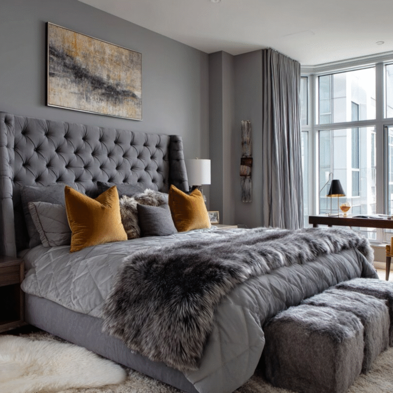 Contemporary Master Bedroom Design with Grey Upholstered Bed