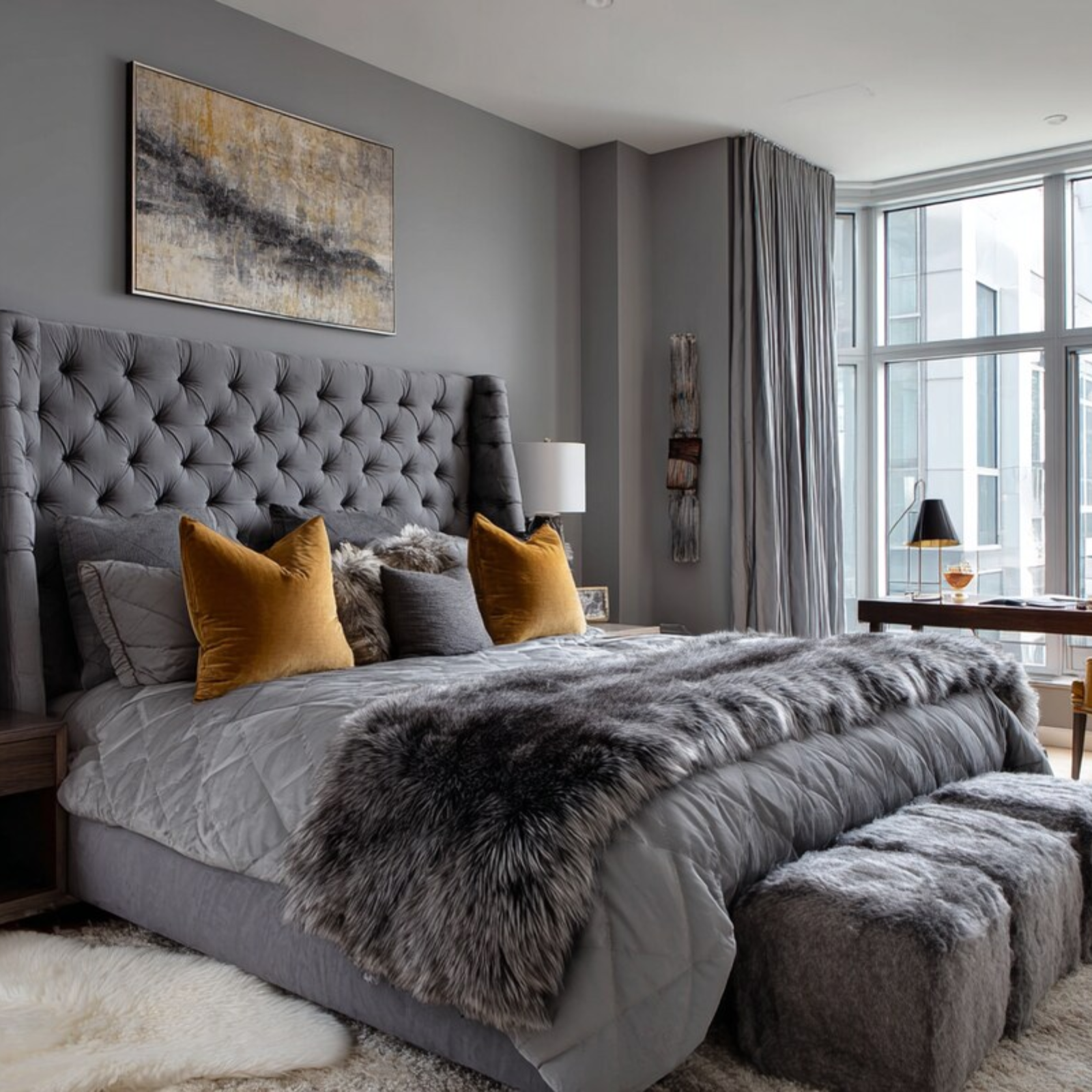 Contemporary Master Bedroom Design with Grey Upholstered Bed