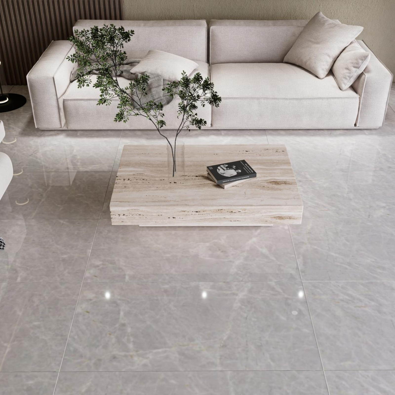 Minimalist Off-White Flooring Design With Grey Veins