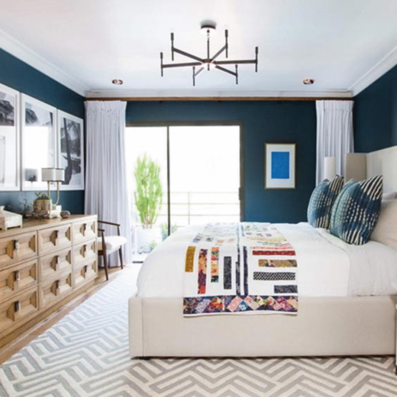 Contemporary Guest Bedroom Design Featuring Built-In Storage and Textured Walls