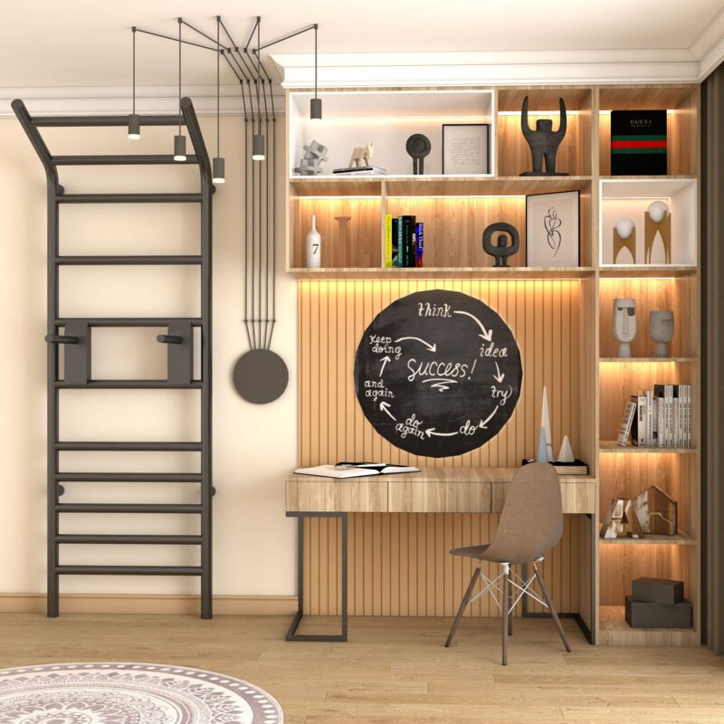 Contemporary Wooden Study Room Design With Open Shelves And LED Lighting