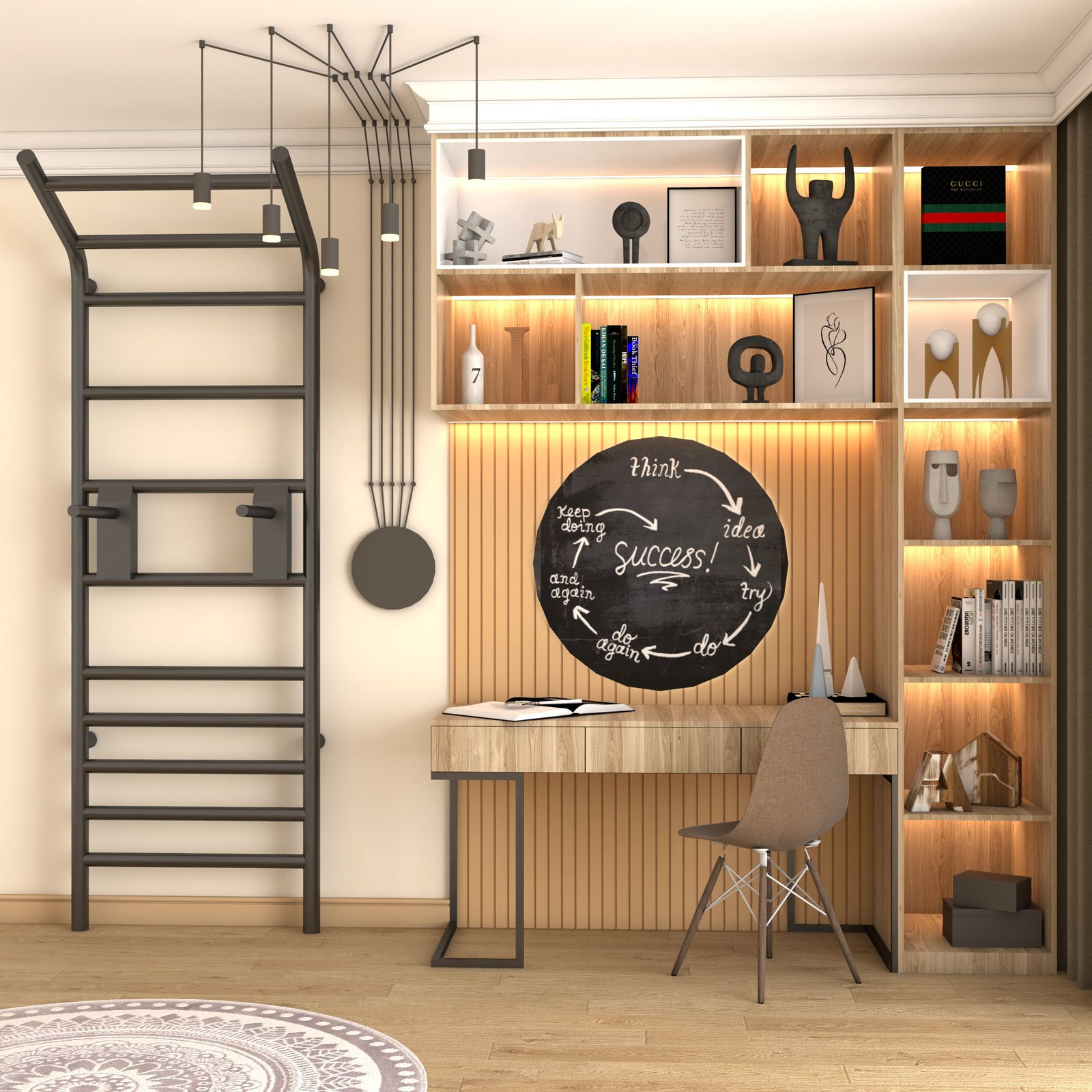 Contemporary Wooden Study Room Design With Open Shelves And LED Lighting