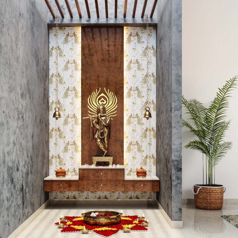 Wall Mounted Modern Pooja Unit Design with Wood Countertop and CNC Design