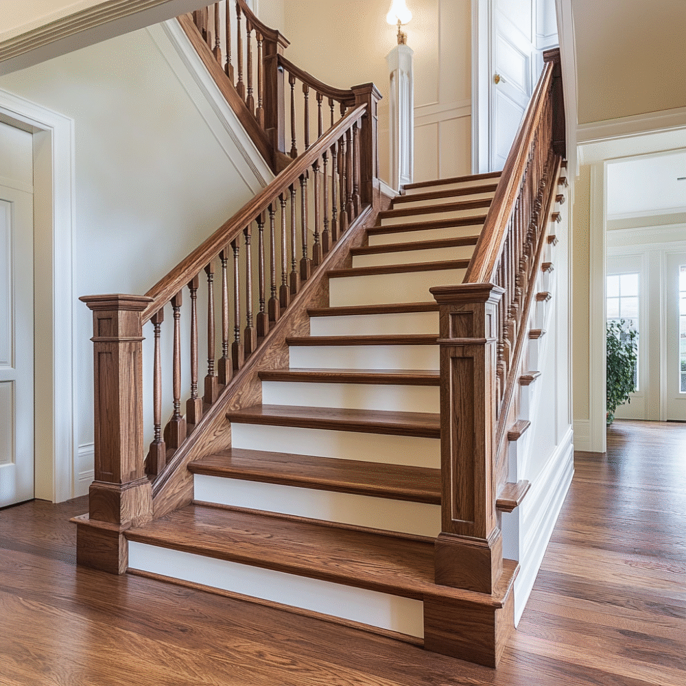 Classic L-Shaped Staircase Design with Wood and Tile Finish