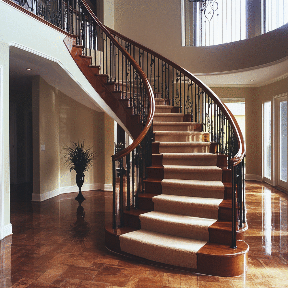 Modern Curved Wooden Staircase Design with Wood Finish