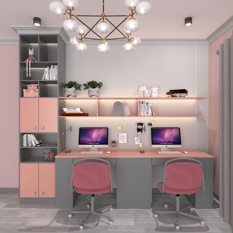 Contemporary Study Room Design In Pink And Grey For Two