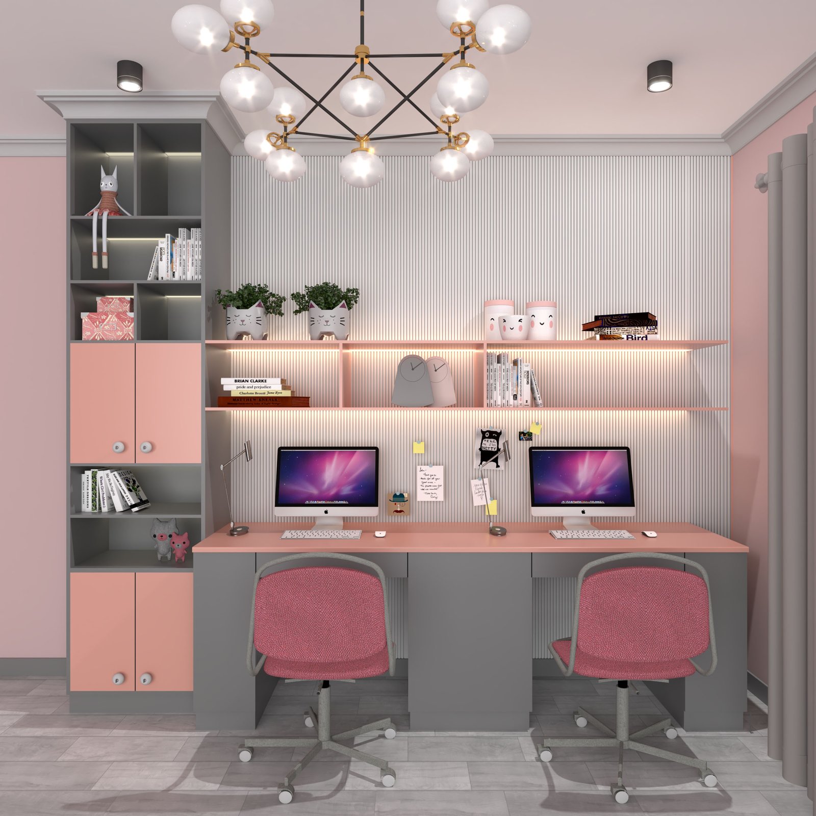 Contemporary Study Room Design In Pink And Grey For Two