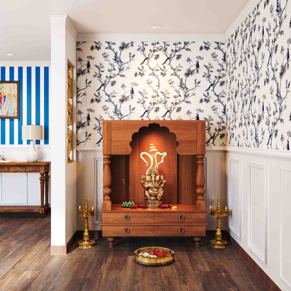 Floor Mounted Mid Century Pooja Unit Design with Back Lighting and Drawers