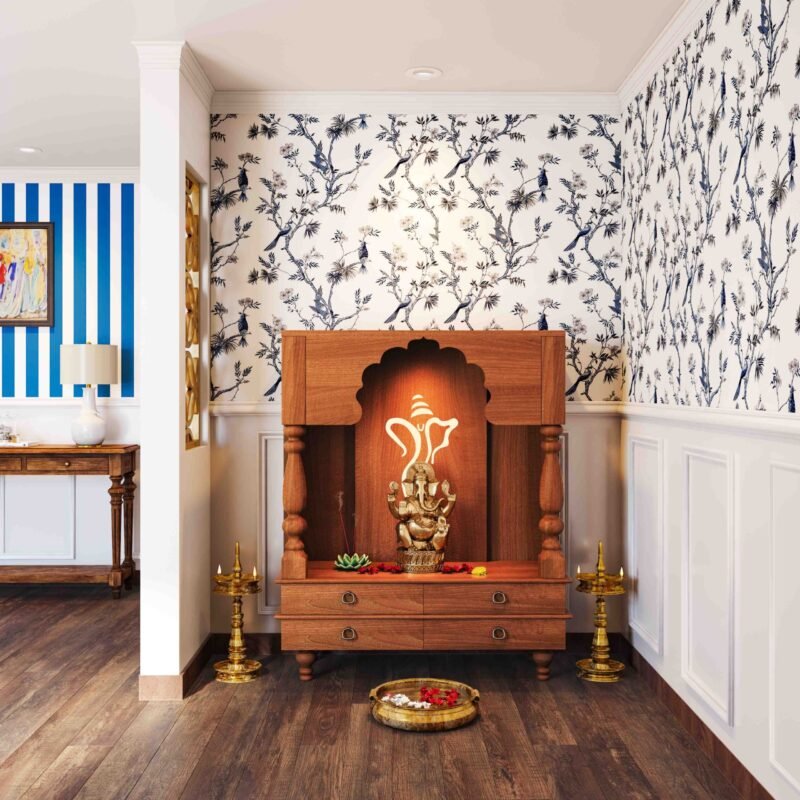 Floor Mounted Mid Century Pooja Unit Design with Back Lighting and Drawers