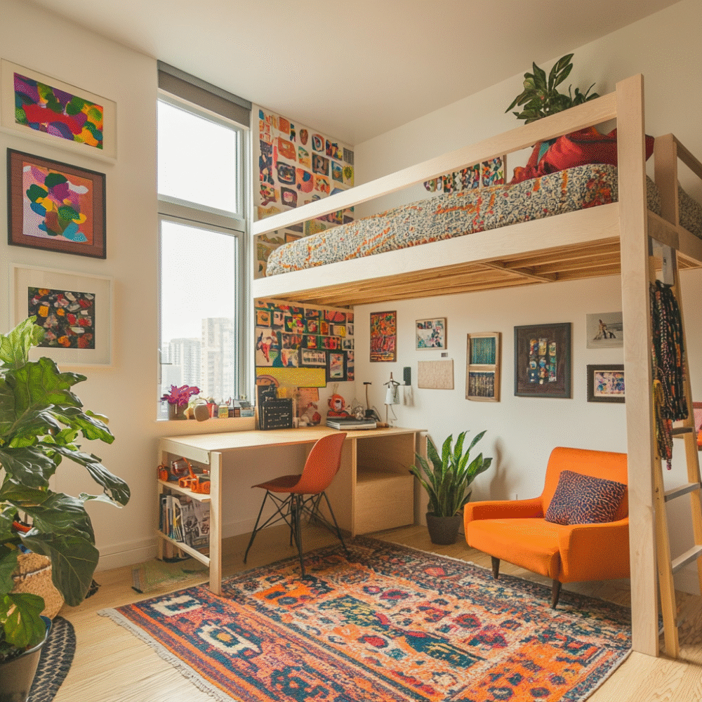 Space-Saving Loft Bed with Study and Cozy Reading Nook