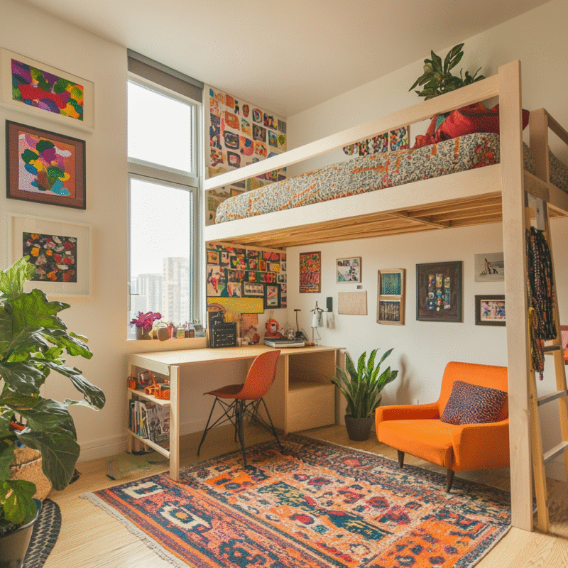 Space-Saving Loft Bed with Study and Cozy Reading Nook