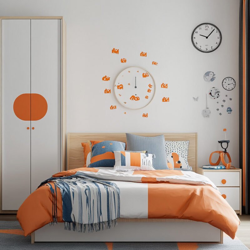 Whimsical Modern Kids Bedroom Design With Orange Wall Decor