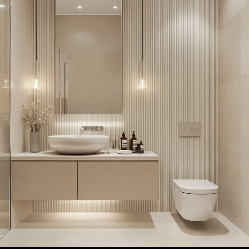 Minimal Bathroom Design with Ribbed Beige Wall and Quartz Vanity