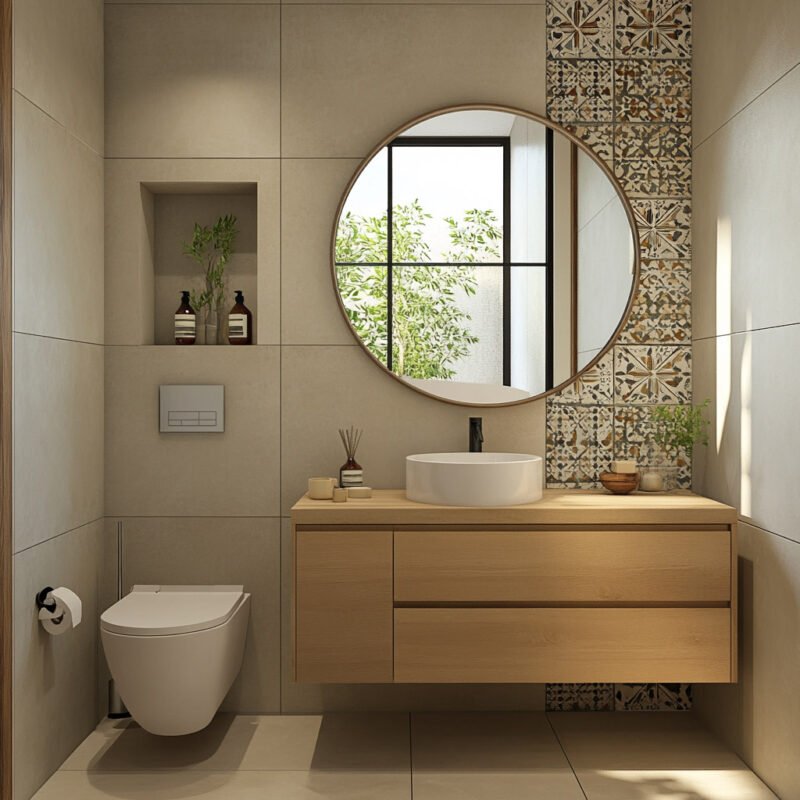 Modern Bathroom Design with Pattern Tile and Wooden Vanity