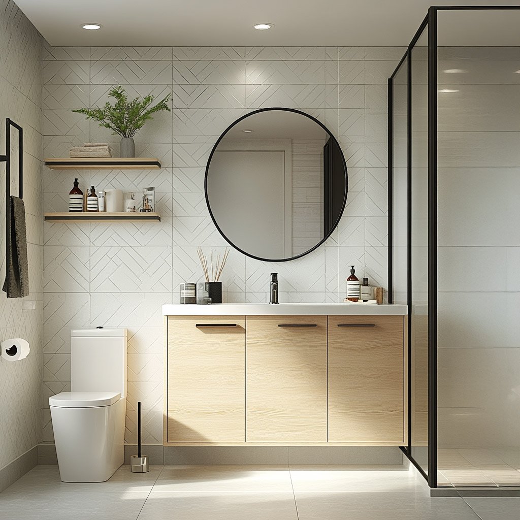 Minimal Bathroom Design with Herringbone Wall and Quartz Vanity