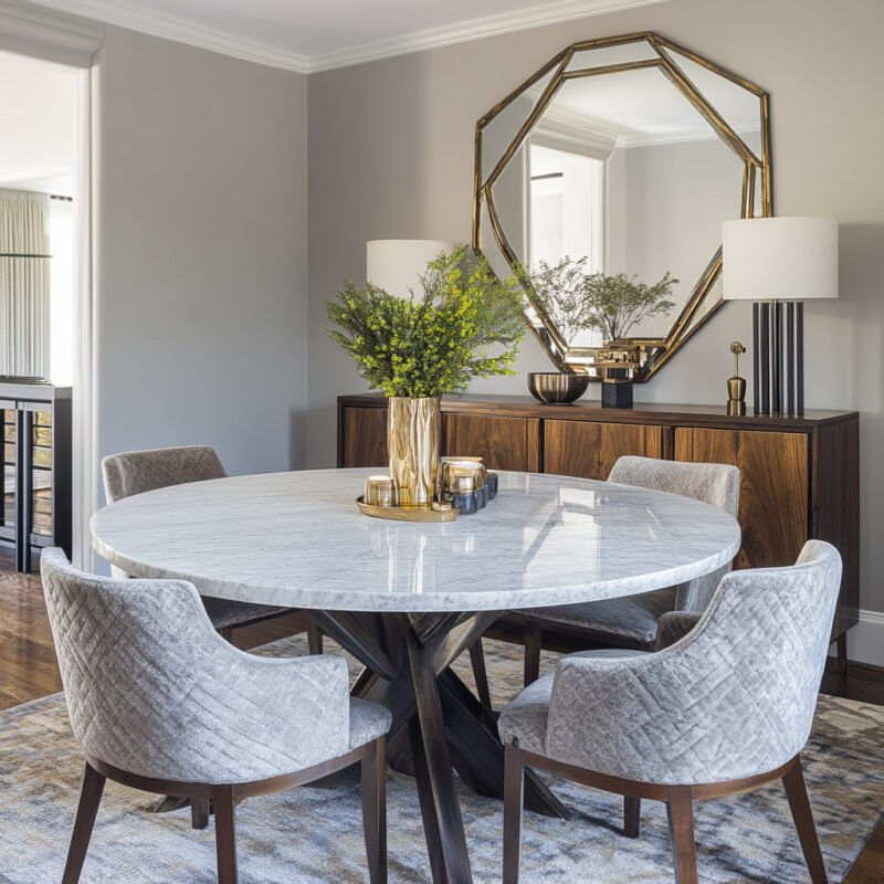 Modern Dining Room Design with Marble Table and Upholstered Chairs