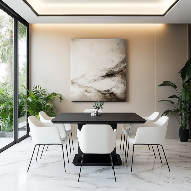 Modern Dining Room Design with White Chairs and Abstract Art