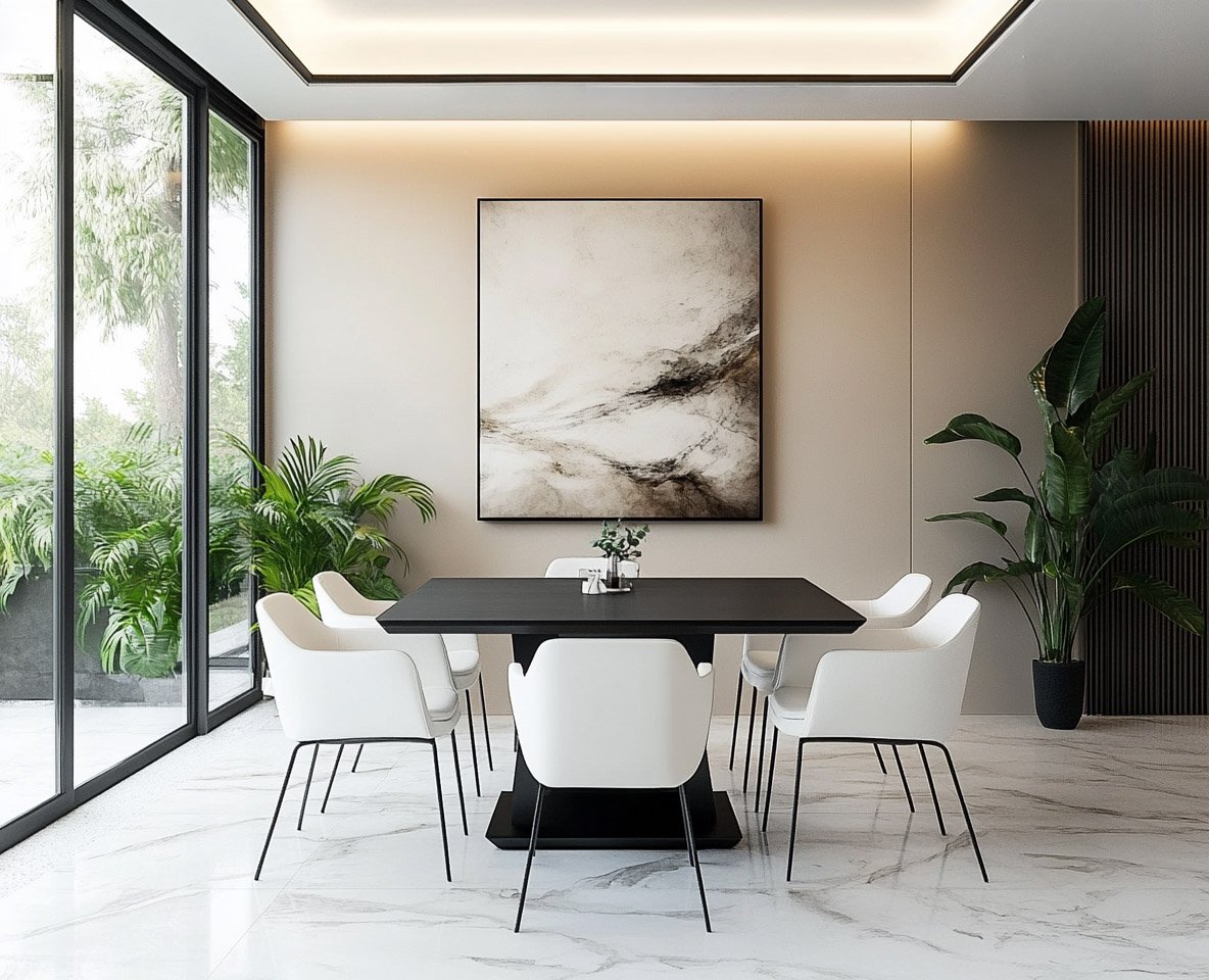 Modern Dining Room Design with White Chairs and Abstract Art