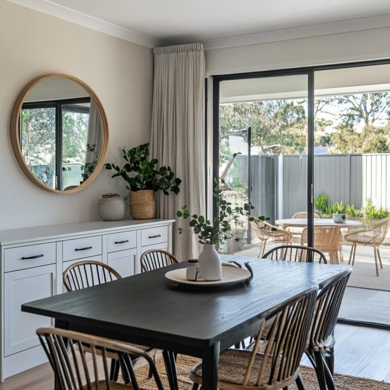 Bohemian Dining Room Design with Woven Chairs and Black Table