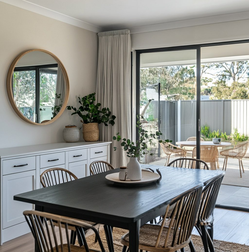 Bohemian Dining Room Design with Woven Chairs and Black Table
