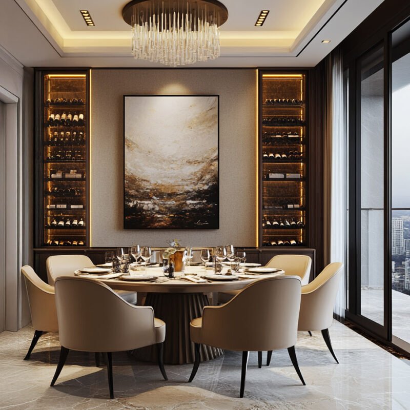 Modern Dining Room Design with Built-in Wine Display