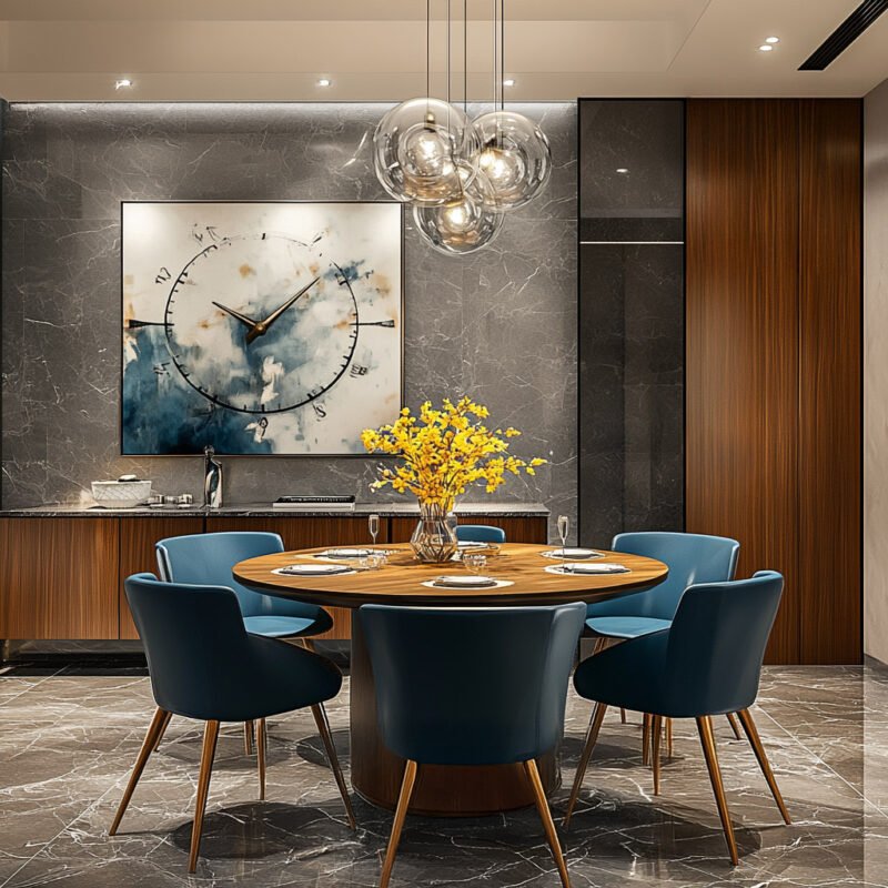 Modern Dining Room Design with Velvet Chairs and Marble Flooring
