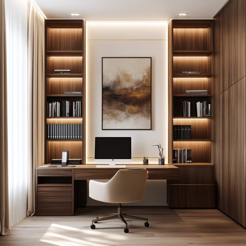 Contemporary Home Office Design With Storage in Vertical Walnut Finish