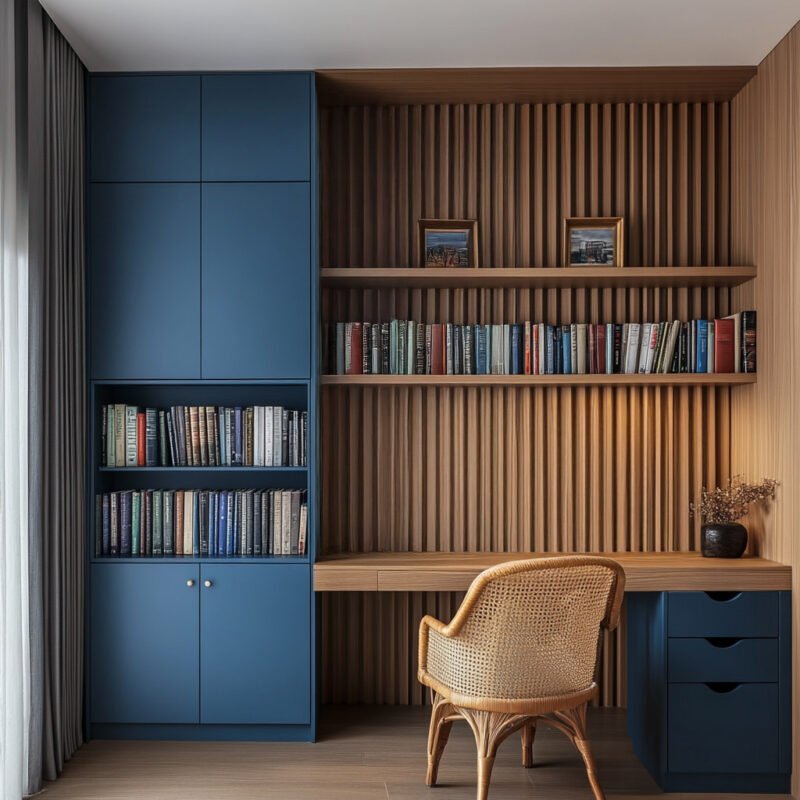 Modern Home Office Design With Blue Storage and Wooden Desk