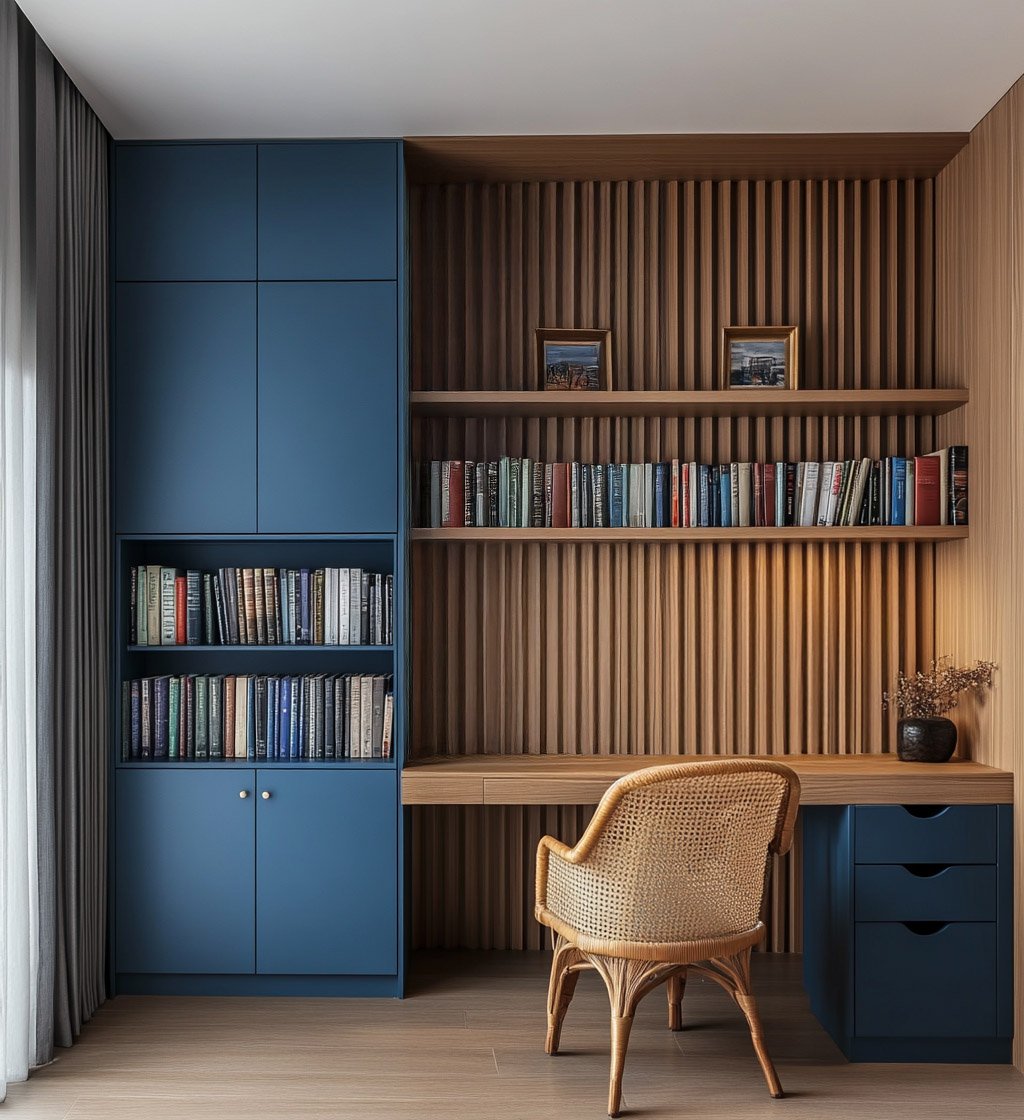 Modern Home Office Design With Blue Storage and Wooden Desk