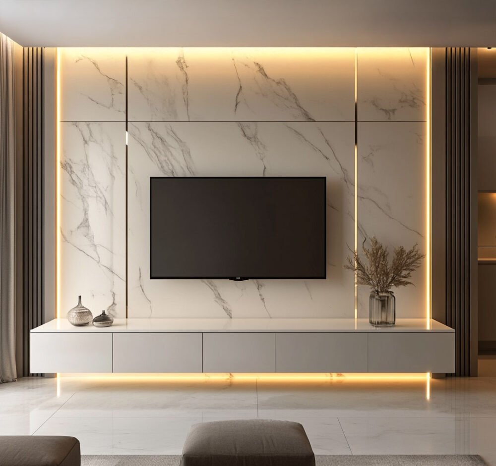 Modern Off-White TV Unit Design With Marble Wall and Lighting - MAK ...
