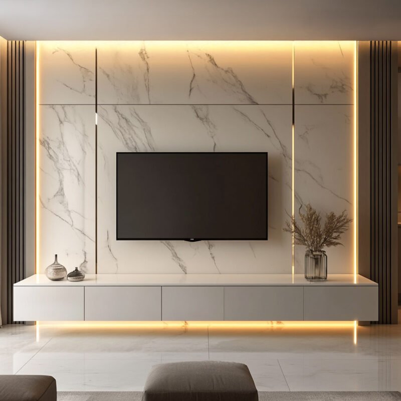 Modern Off-White TV Unit Design With Marble Wall and Lighting