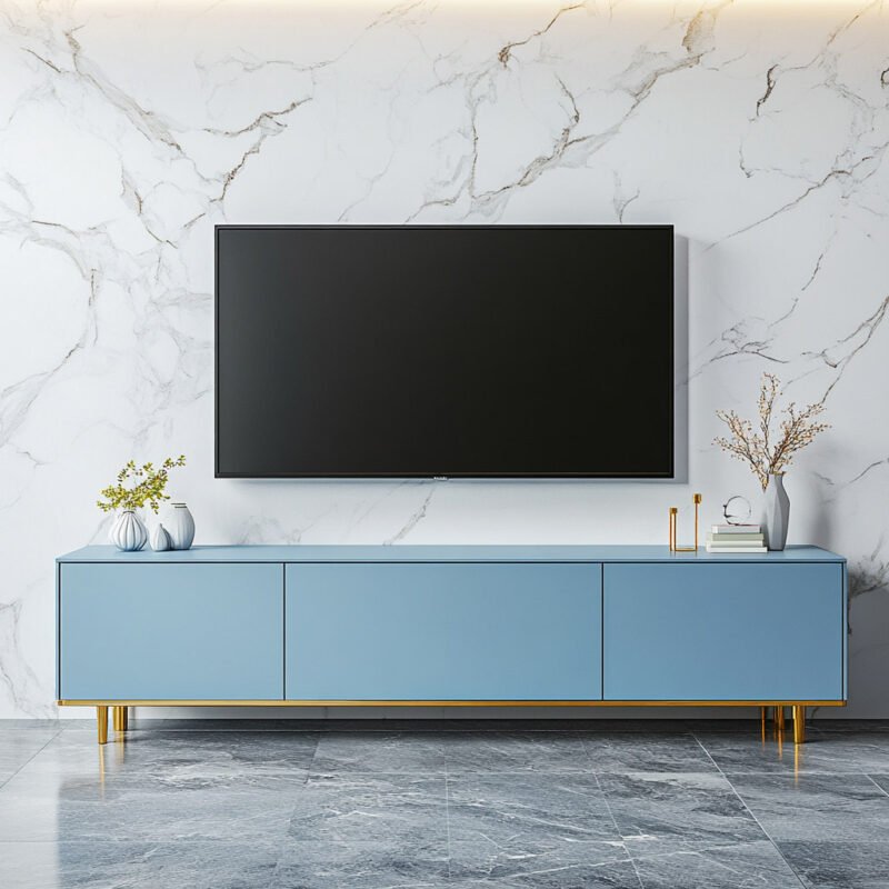 Modern Blue TV Unit Design With Gold Accents and Marble Backdrop