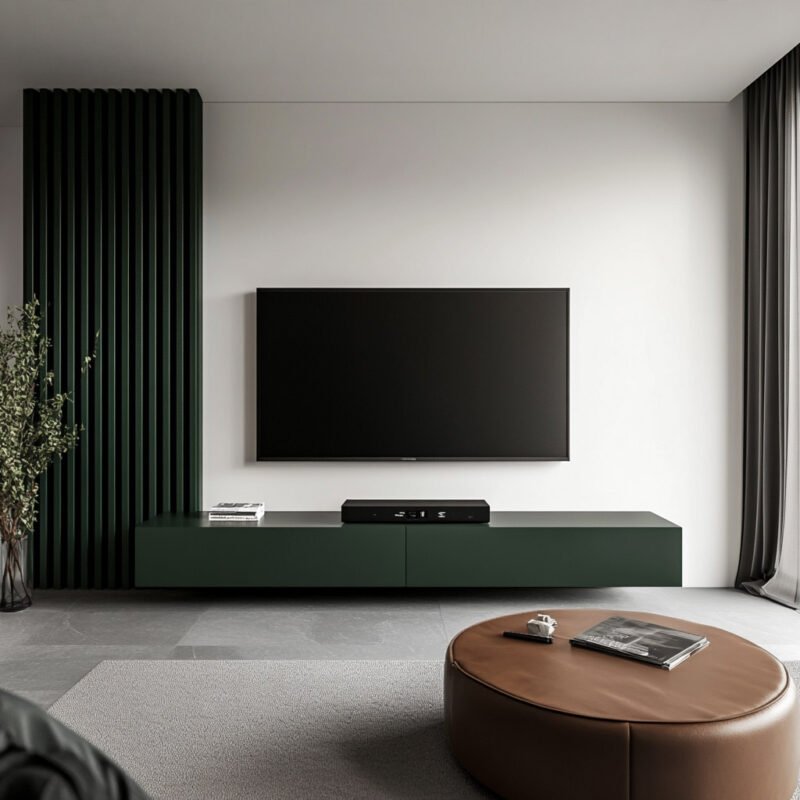 Green Contemporary TV Unit Design With Matte Finish and Wall Integration