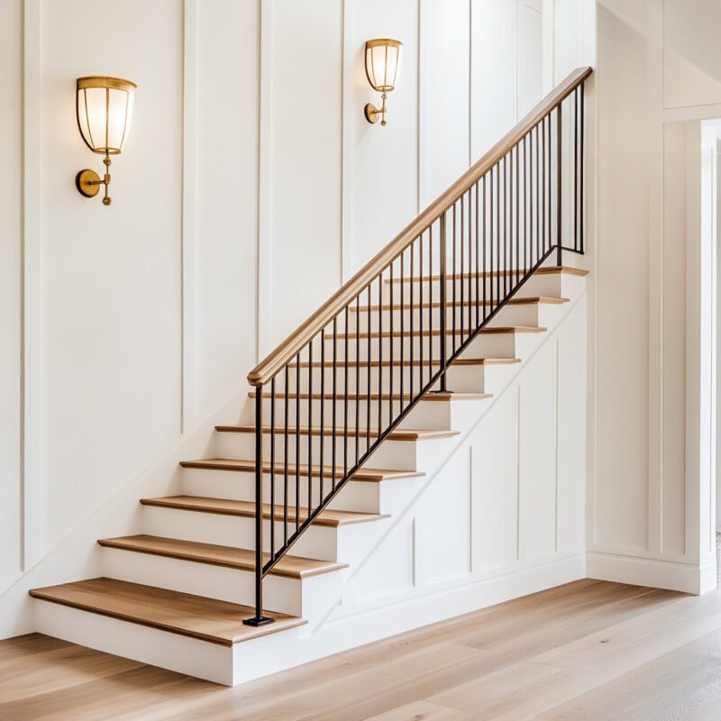 Minimal Straight Staircase Design in Wood and Metal