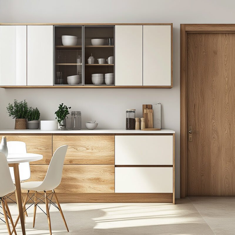 Contemporary Glossy Crockery Unit Design with Shaker Glass Doors