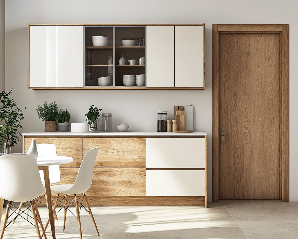 Contemporary Glossy Crockery Unit Design with Shaker Glass Doors