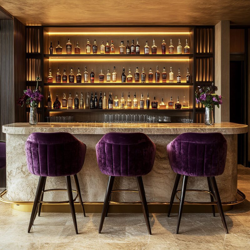 Modern Home Bar Design with Illuminated Shelves in Walnut Finish