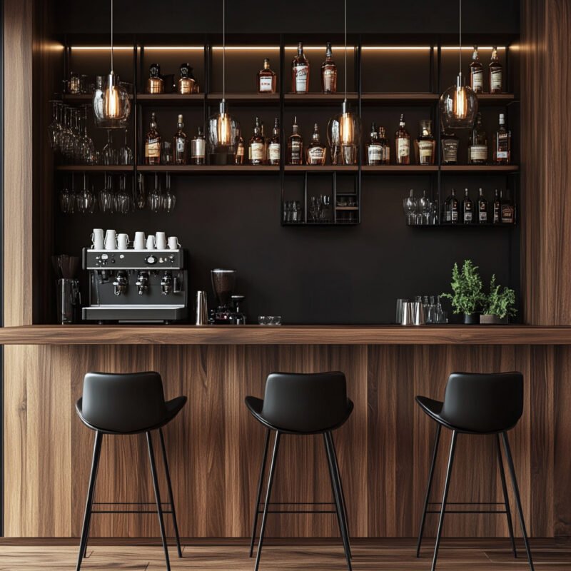 Modern Wall-Mounted Home Bar Design with Open Display Shelves