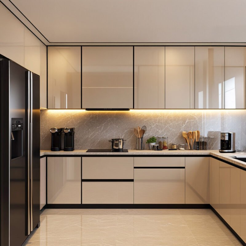 Modern Irish Cream U-Shaped Kitchen Design with Granite Countertop