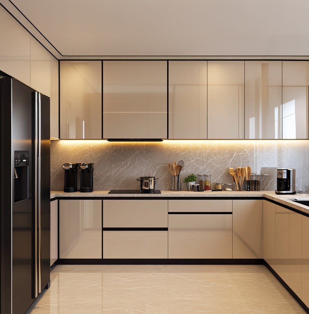 Modern Irish Cream U-Shaped Kitchen Design with Granite Countertop