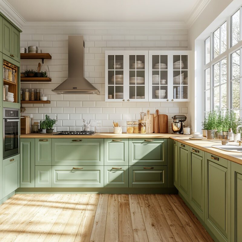 Sage Green Modern U-Shaped Kitchen Design with Suede Finish