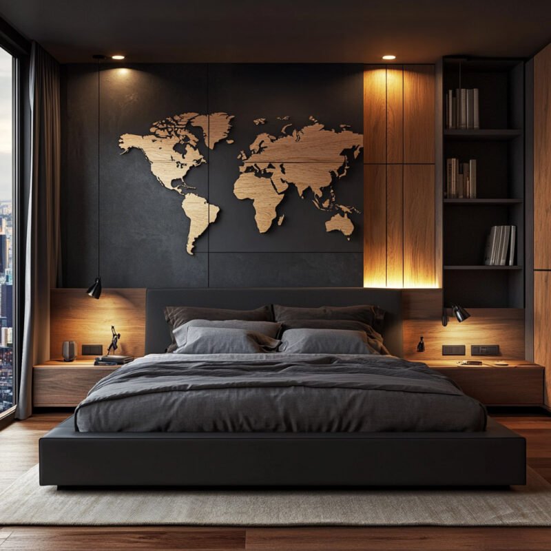 Modern Kids Bedroom Design with Wooden World Map and Bold Design