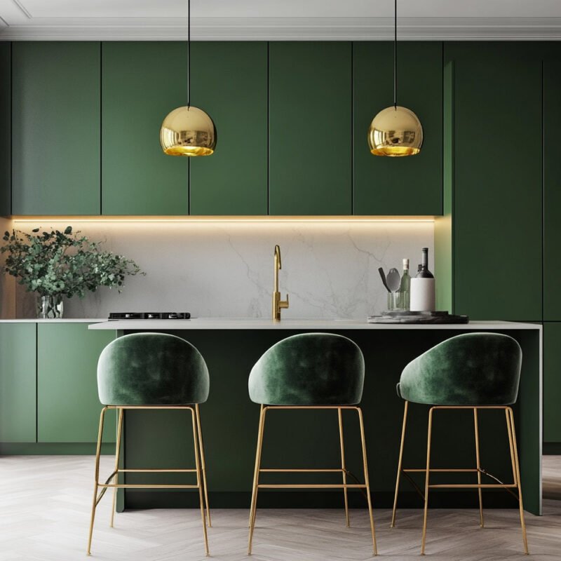 Modern Caribe Green Island Kitchen Design with Gold Touches