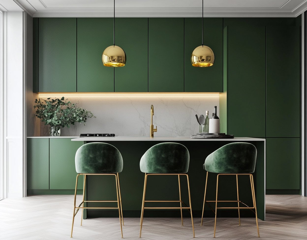 Modern Caribe Green Island Kitchen Design with Gold Touches
