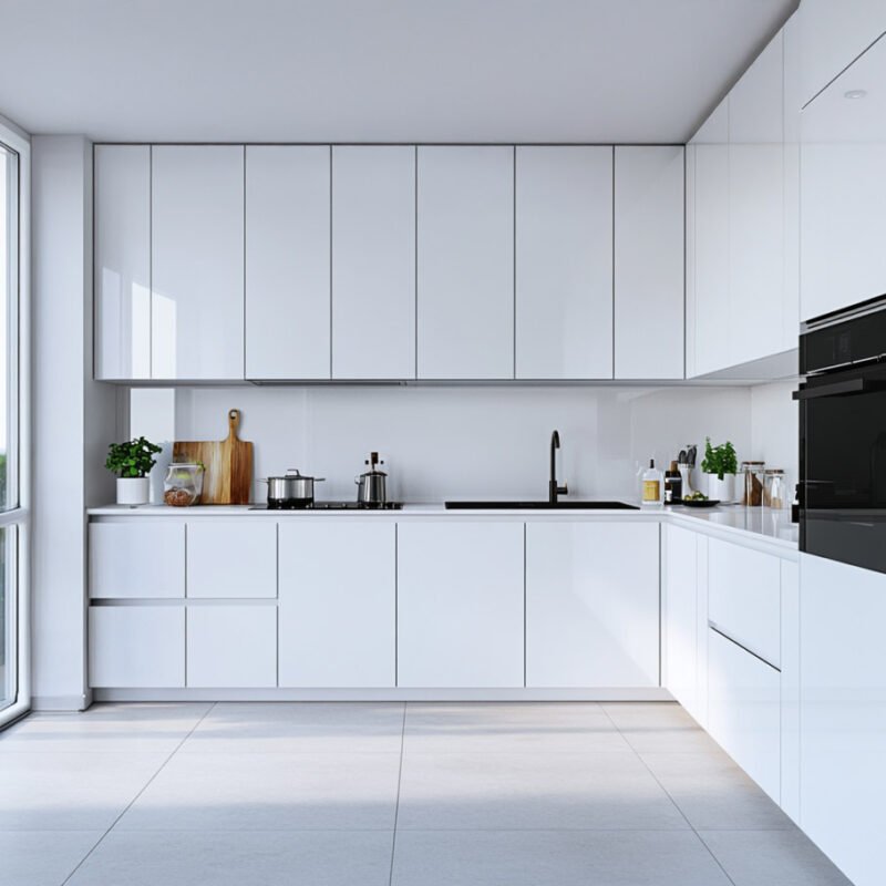 Margherita White Contemporary L-Shaped Kitchen Design with Glossy Finish