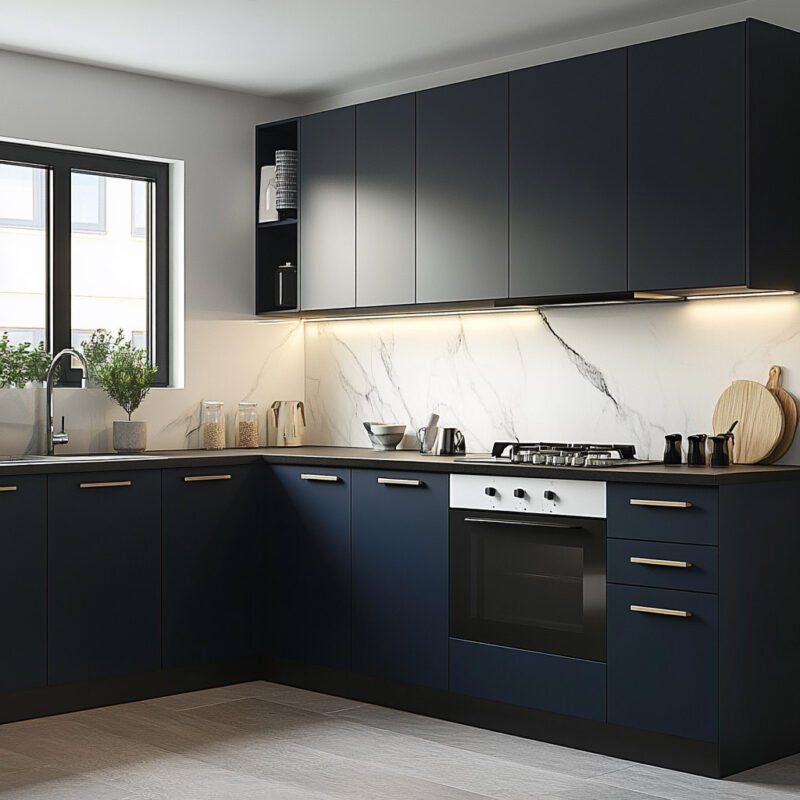 Modern Navy Blue L-Shaped Kitchen Design with Granite Top and LED Lighting